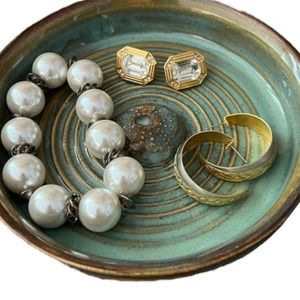 Pottery Ring Trinket Dish Brown & Sea Foam Green with Sculpted Sea Urchi…